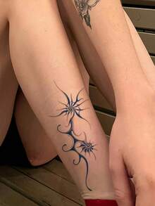 Pegatina de tatuaje mágico semipermanente de jugo de hierbas, tatuaje simple mini para mujeres, pegatina de tatuaje de patrón geométrico abstracto, tatuajes de festival, tatuaje semipermanente impermeable y no reflectante de 7-14 días, pegatina de tatuaje semipermanente para muñeca, hombro, cuello, clavícula y Body, 1 hoja - Azul - Ver 3