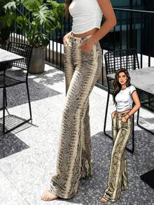 Women's Comfortable Stretch Floral Print Straight-Leg Casual Pants, Snake And Crocodile Print Wide-Leg Pants, Suitable For Sports, Fitness, And Everyday Wear, Halloween Costume - 彩色 - 查看 8