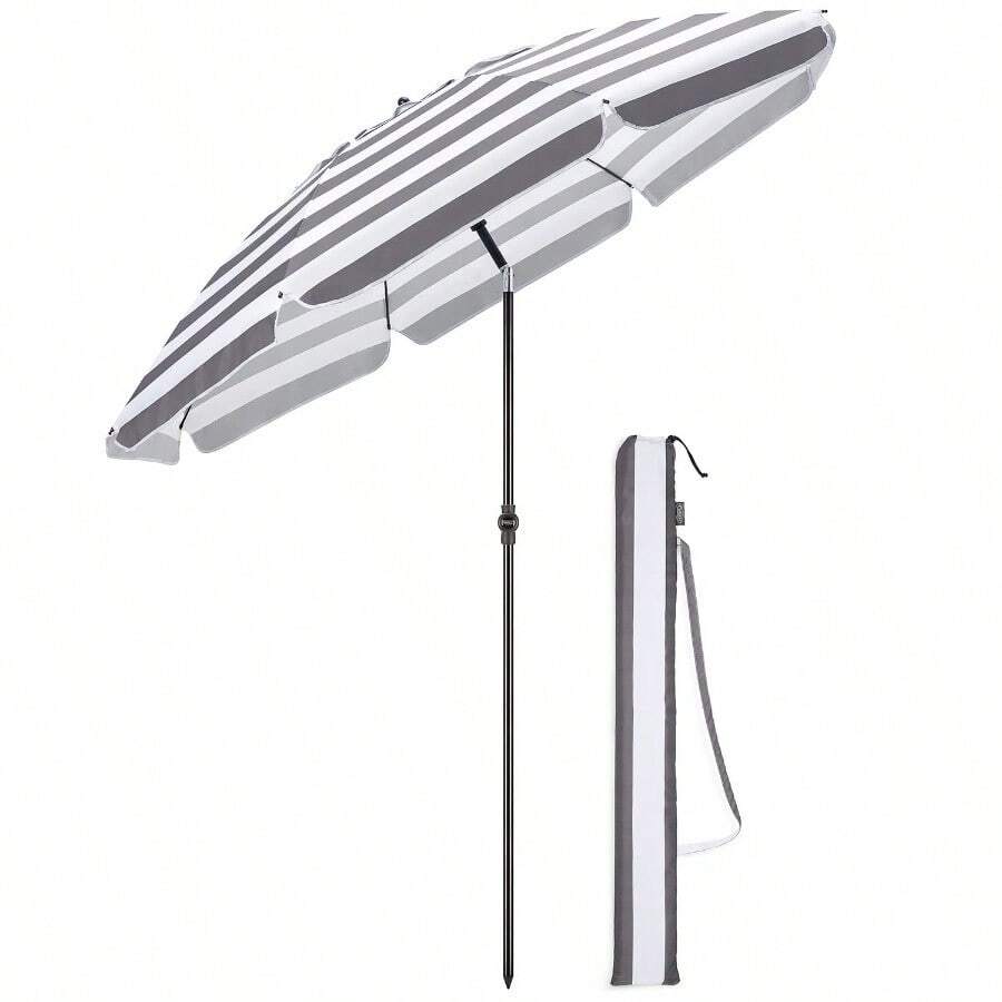 Beach Umbrella Portable Tilting Parasol Sun Shade With UV Protection - Grey - Striped - View 1