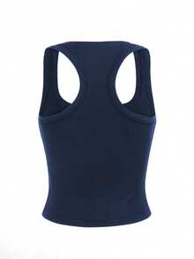 新款欧美夏季罗纹吊带背心，宽肩带，纽扣设计，修身无袖上衣 - 藏蓝色 - 查看 3