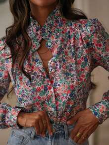 Blusa da donna con collo a balze e maniche a palloncino, motivo floreale, camicia casual, adatta per primavera ed estate, ideale per vacanze - Multicolore - Visualizzare 2