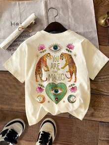 Women's T-Shirt With Mysterious Tiger Print, We Are The Magic, Green Heart, Mystic Eye, Cotton - Cream - View 2