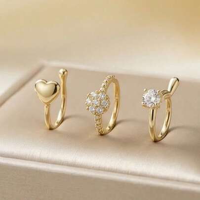 3pcs Set Luxury Vintage French Style Adjustable U-Shaped Nose Clip, Brass Material With Cubic Zirconia Flower, Heart, Fish Nose Rings, Elegant & Fashionable Nose Accessories For Women, Suitable For Daily, Party, Holiday, Wedding, Gift For Mother, Girlfriend, Daughter, Teacher