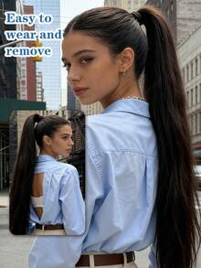 24-Inch Long Straight Synthetic Hair Ponytail, Vacation-Inspired Women's Summer Hairstyle, Gold Tone Hair Claw Clip - Black Brown - View 7