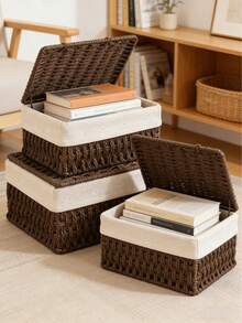 3pcs/1pc Hand-Woven Storage Basket, Wicker Display Basket, Suitable For Cosmetics, Keys, Snacks, Fruit, Living Room, Entryway, Bedroom, Kitchen, Cabinet, Room Decor, Wedding Gift Basket, Easter Basket, Autumn Decor, Back To School And Holiday Gifts - Brown - View 11