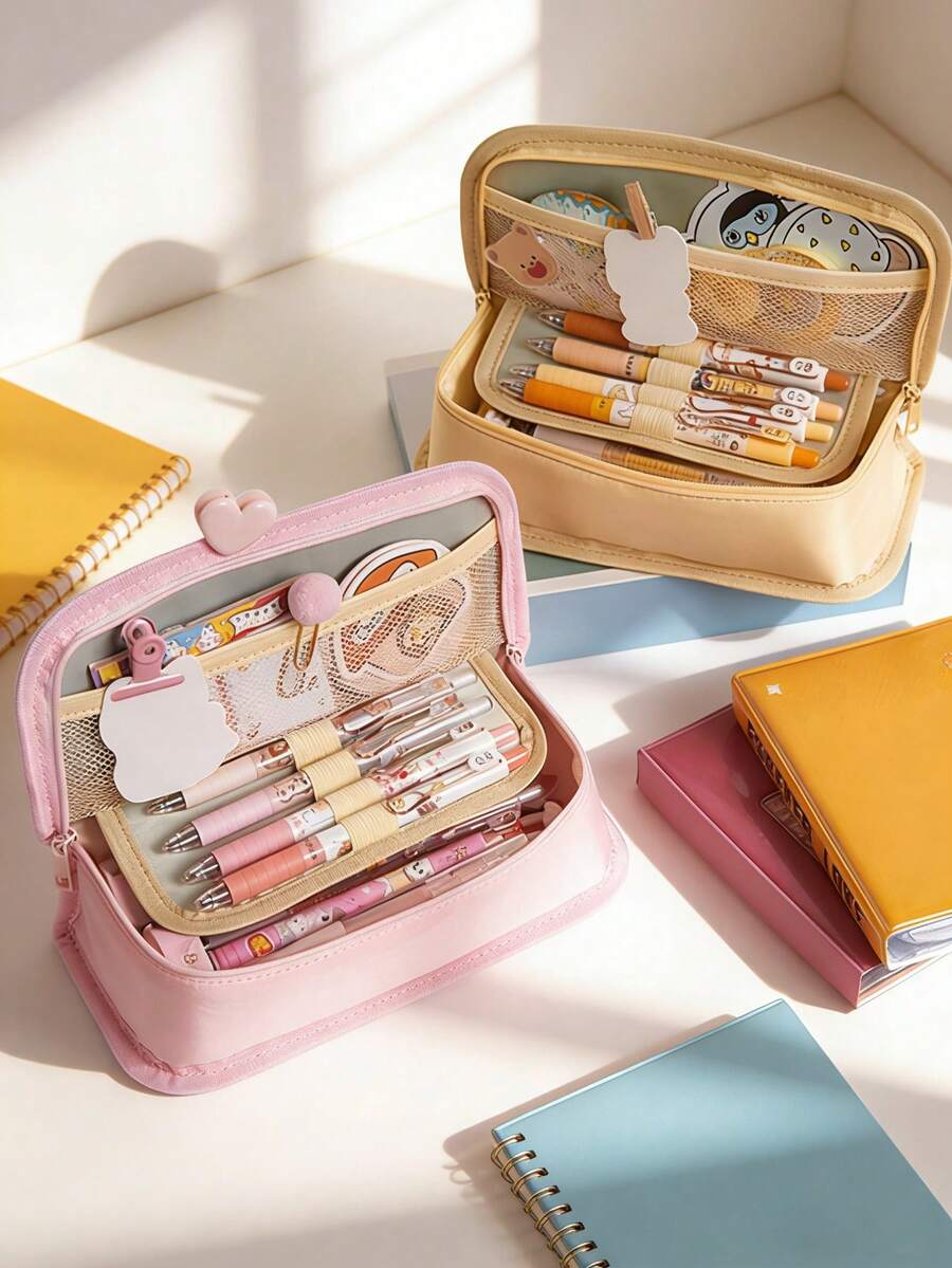 1个拉链大容量铅笔盒，适合办公室、学生使用，新款可爱文具袋，返校季，学习用品 - 多色 - 查看 1