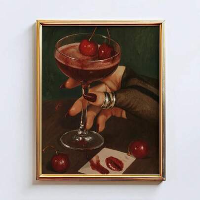 1pc Cherry Kiss Vintage Poster - Dark Aesthetic Red Lipstick Art Print Suitable For Kitchen Wall Decor, Housewarming Gift, Feminine Glam Painting - Unframed Cherry Kiss Artwork, Living Room Decor