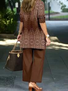 Plus Size Women's Fashionable Printed Elegant 3 Pieces Set Spring - Brown - View 2