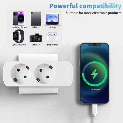 Bộ chuyển đổi phích cắm EU 2 trong 1, Bộ chia nguồn đa ổ cắm 250V Schuko, Bộ mở rộng ổ cắm đôi di động cho gia đình, văn phòng và du lịch, Bộ chuyển đổi ổ cắm kép tiết kiệm không gian, Màu đen/trắng.