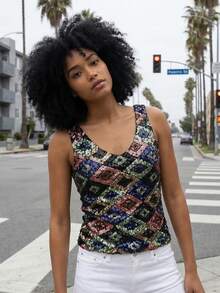 Women Sequin Tank Tops Slim Contrast Sparkly V Neck Sleeveless Vest Stylish Summer Streetwear - Negro - Ver 2