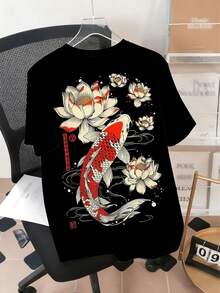 Áo thun nam cỡ lớn cổ tròn, chất liệu vải dệt kim polyester thoải mái và thoáng khí, họa tiết cá chép sen thời trang đường phố, thiết kế năng động, dòng sản phẩm mới mẻ, áo thun cá tính độc đáo. - màu đen - Xem 3