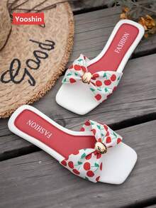 新款女士凉鞋，平底方头设计，清新蝴蝶结点缀，高端金色五金配件，套脚款式，轻便舒适，百搭单品，适合居家、春夏户外活动、休闲乡村度假、街头时尚沙滩拖鞋。 - 紅色 - 查看 9