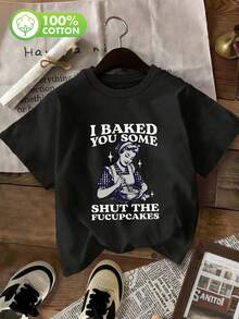 女士标准图案印花T恤，黑色，100%纯棉，适合夏季穿着，休闲棉质T恤 - 黑色 - 查看 3