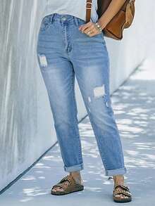 秋季女装休闲中腰修身破洞直筒牛仔裤 - 藏蓝色 - 查看 4