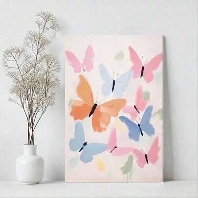 1 styck massiv träram pastellfärgad fjärilsmålning, canvastavla med rosa och blått tema för barnrum, stor canvastavla, 2D platt, lätt att hänga, kan användas som bordsdekoration eller väggdekoration, lämplig för sovrum och vardagsrumsdekoration