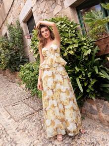 Faeriesty Elegant Women's Spaghetti Strap Backless Maxi Dress, Flared Hem With Ruffle Trim, Delicate & Graceful, Suitable For Casual, Holiday - Multicolor - View 2