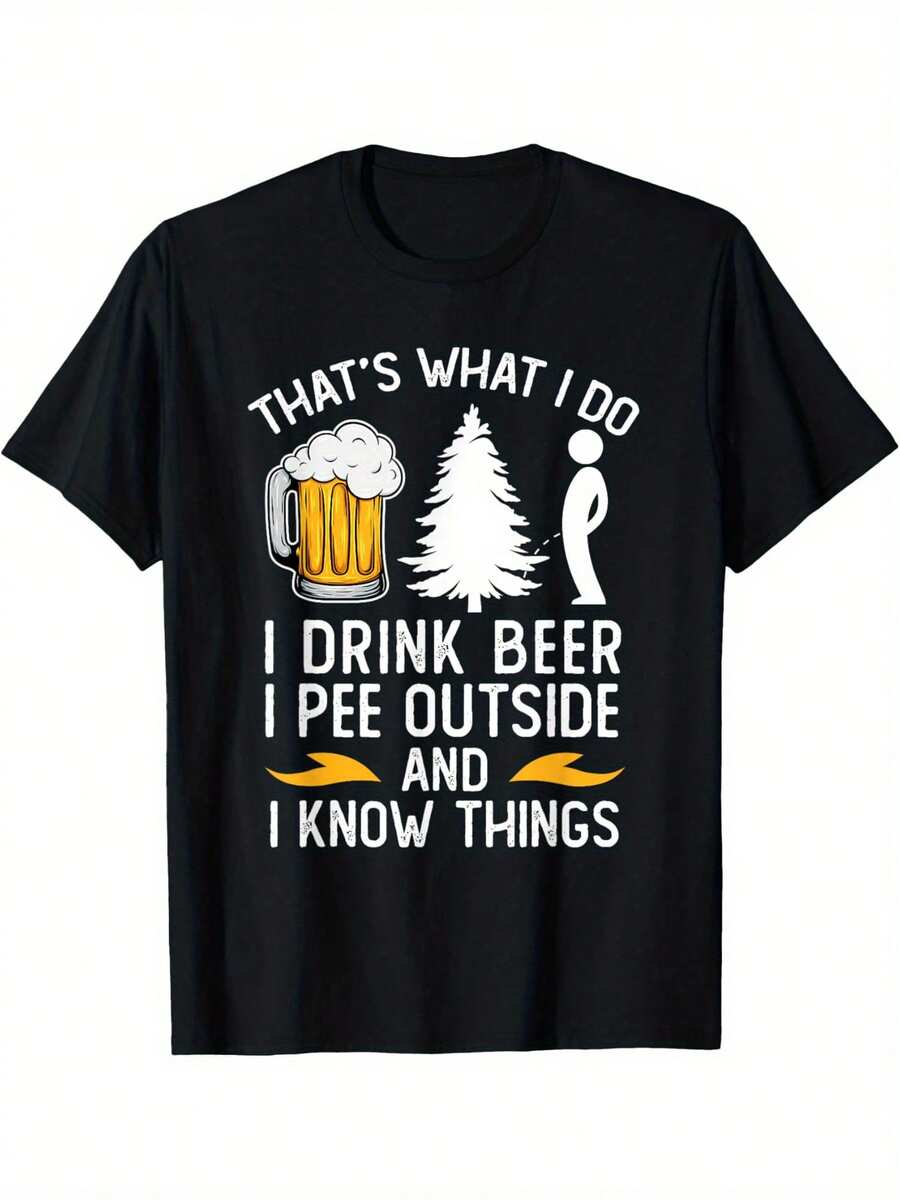 Camiseta Gráfica de Cerveza para Hombre - Diseño Humorístico: "Bebí cerveza, oriné afuera y sé cosas", Camiseta Negra Transpirable con Ligera Elasticidad, Corte Regular, Cuello Redondo, Manga Corta para Uso Casual en Verano y Todo el Año, Camiseta de Ajuste Cómodo, Ropa para Fin de Semana - Negro - Ver 1