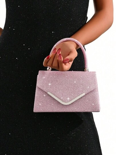 REMANLAND Sweet And Edgy Pink Clutch With Glitter Texture, V-Shaped Metal Trim And Top Handle, Combining A Bold Glitter Finish With A Sleek Silver V-Shaped Metal Trim And Modern Top Handle. Stands Out At Parties, Street Style Shoots And Casual Gatherings, Infusing Unique Personalized Into Modern Outfits With Lovely Pink Tone. It Is The Best Gift For Women