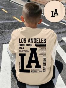 Boys' Minimalist "LA" Letter & Slogan Graphic Round Neck Short Sleeve T-Shirt, Fashion Spring/Summer New Arrival Teenage Boy Clothing - Apricot - View 1