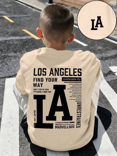 男童极简主义“LA”字母及标语图案圆领短袖T恤，时尚春夏新款青少年男童服装