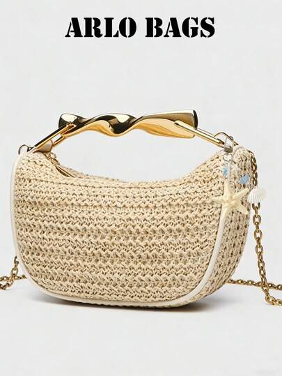 This Is A Beige Handbag With A Metal Handle Mini Crossbody Zipper Woven Bag, A Casual Grass Woven Small Bag Designed Specifically For Women, Perfect For Beach Wear, Summer Beach Accessories, Vacation/Holiday Travel, Beach Bags, And Summer Essentials