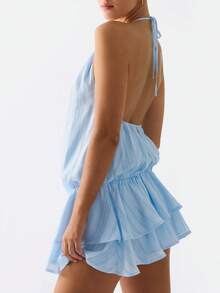 Women Summer Ruched Halter Mini Dress Ruffle Bubble Drop Waist Backless Tie Neck Open Back Mini A Line Swing Dress Y2k Cocktail Clubwear - Blue - View 6