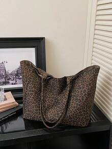 Stylish Leopard Print Tote Bag, Large Capacity Shoulder Bag, Perfect Underarm Bag For Commuting - Brown - View 5