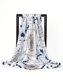 1条优雅女士链条图案缎面质感90厘米方形围巾/头巾，女士头巾，适合休闲时尚外出，可用作围巾、头巾、户外防风/防晒披肩，完美点缀您的造型，海滩度假皆宜。 - 白色 - 查看 2