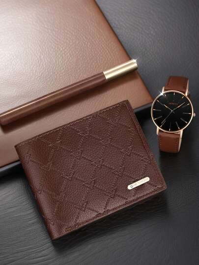 3/1 piezas Nuevo reloj de cuarzo con puntero de moda marrón para hombres, con billetera y bolígrafo de lujo marrón, adecuado para fiestas, viajes, uso en la oficina, también es un gran regalo para el Día de la Madre, el regreso a la escuela, vacaciones