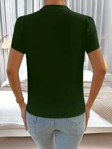 Solid Color Blouse With Notched Neckline And Petal Sleeves. - 軍綠色 - 查看 2