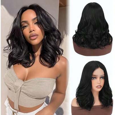 14 Inch Middle Part Curly Wig For Women, Natural Hairline Small Lace Front, Soft Yaki Mixed Fiber, Heat Resistant Synthetic Curly Wave Wig, Natural Black