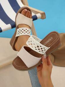 Women's New Fashion Lightweight & Comfortable Wedge Sandals, Summer Beach Vacation Open Toe Slippers, Suitable For Daily Wear, Vacation, Party, Home - Beige - View 3