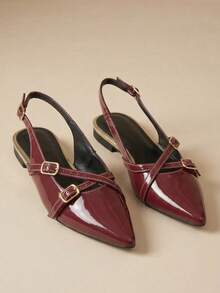 Women's Elegant Basic Slingback Buckle Patent Marsala Black Valentine's Day Flats - 酒紅色 - 查看 1