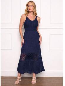 Vestido Aurora  elegante  Casual  Festa    Tricô    Renda    Vestido  Noite  Férias  Festa  Casamento  Namorando    Verão - Azul Marinho - Visão 4
