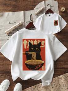 复古卡通猫吃面条印花T恤，面料柔软舒适，适合男孩户外运动、日常穿着、街头风、校园风，春夏时尚休闲上衣。 - 白色 - 查看 1