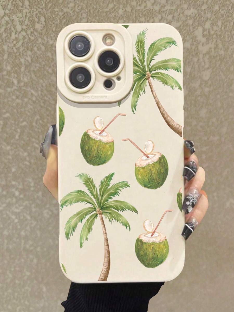 Coconut Tree & Coconut Painted Anti-Drop Perforated Beige Minimalist Shockproof Phone Case Compatible With IPhone 17/17 Pro, 16/15 XR/7/8, 16 Pro Max, 13/14/11/12 Pro Max, Galaxy, 10/9/Note 9/12C/Note 11 Pro/Note 8 Pro/9C/9A - Multicolor - View 1
