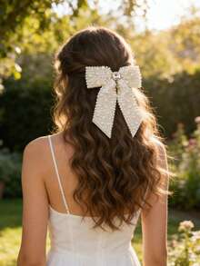 1pc Women's White Fashionable Elegant Faux Pearl Bow Hairclip, Suitable For Daily Wear And Gatherings - White - View 3