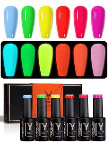 YOKEFELLOW 6瓶10毫升夜光凝胶指甲油，霓虹绿、黄、橙色美甲凝胶套装，派对美甲，可卸除UV/LED美甲沙龙美甲沙龙DIY，居家亦可作为节日礼物 - 彩色 - 查看 10