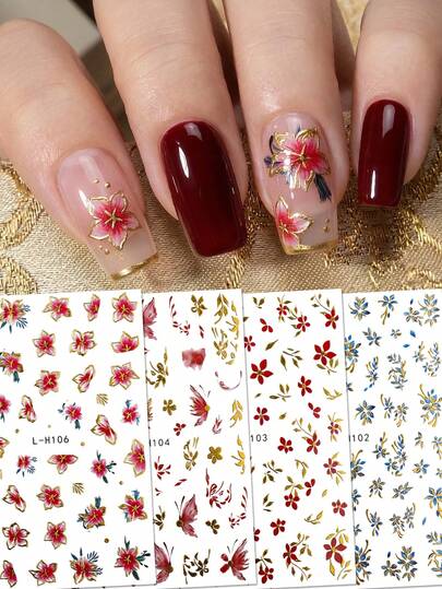 4 Stücke luxuriöse edle Damen Gold-Folie Nagel Sticker - Rote Rose, Blaue Blume, Goldener Schmetterling, Blumen Nail Art Abziehbilder - für Frühling Alltag, Party, Hochzeit, Date, DIY Nageldekoration, Geschenk, Y2K