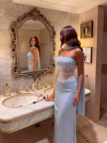 女士腰部拼接蕾丝吊带飘逸连衣裙，优雅复古宫廷风假日时尚夏季 - 藍色 - 查看 6