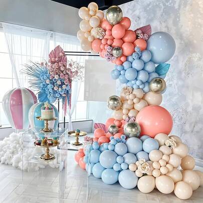 104pcs Gender Reveal Balloon Arch Garland Kit, Dusty Pink And Blue Balloons Metallic Gold Sand White Balloons For Gender Reveal Boho Bachelorette Birthday Babyshower Bridal Bear Theme Party Decorations