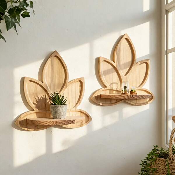 Étagère murale en forme de fleur de lotus en bois naturel - Étagère flottante bohème zen, design de feuille incurvée, matériau en bois de pin, étagère de rangement murale minimaliste, convient pour le salon, la chambre, la salle de bain, l'espace de méditation - Étagère de rangement décorative gain de place (facile à installer)