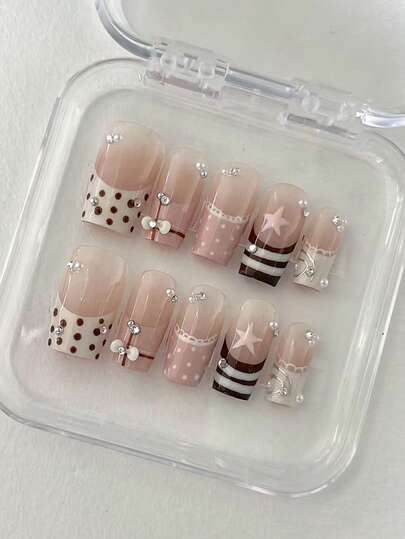 10pcs Pure Handmade Press On Nails Long Coffin Nail Pink Brown And White Nails With Dots Bow Tie And Stars Frence Cute Fancy Pain Y2k Gentle Stroble Flash Temperament For Women And Girl,Spring Summer Fall Winter,Holiday And Daily Life Use