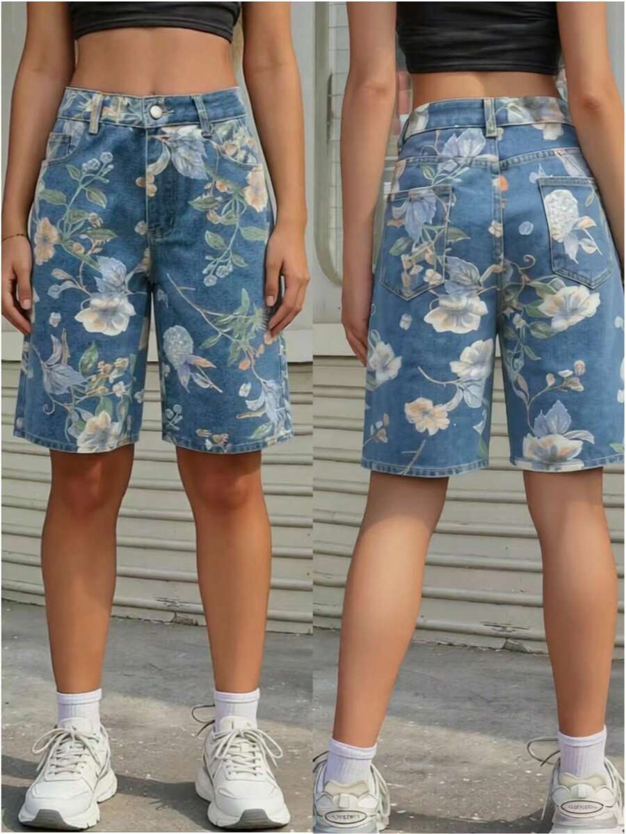 Damen Bedruckte Denim-Shorts, nicht dehnbar, Sommer Urlaubs Lässig - Blau - Übersicht 1