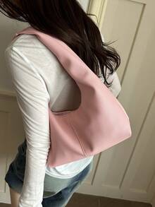 1 pieza Bolso de mano de unicolor de PU personalizado para uso diario, bolso de tela minimalista, bolso de hombro, bolso de sobaco - Rosa - Ver 8