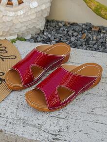 Plus Size 36-45 Summer Fashion Casual Open Toe Thick Bottom Sandals, Pink Matte, Black, Blue, Brown, Beige, Comfortable & Versatile Roman Wedge Slippers For Women - Red Crocodile Pattern - View 7