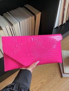 Fashionable Solid Color Elegant Crocodile Embossed Envelope Clutch Bag, Casual Versatile Handbag - Hot Pink - View 10