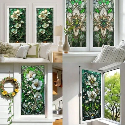 1/6pcs Floral Frosted Privacy Window Film. Elegant White Flower With Gem Colored Glass Style Static Cling. Removable Sunshade Privacy Protection For Bathroom Bedroom. Creates A Green Forest Atmosphere For You.
