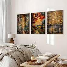 Bộ 3 tranh canvas phong cách Klimt hình trăng sao, tranh bầu trời đêm vàng, bộ 3 tranh bầu trời sao mộng mơ, tranh trang trí thanh lịch cho phòng khách. - Nhiều màu - Xem 7