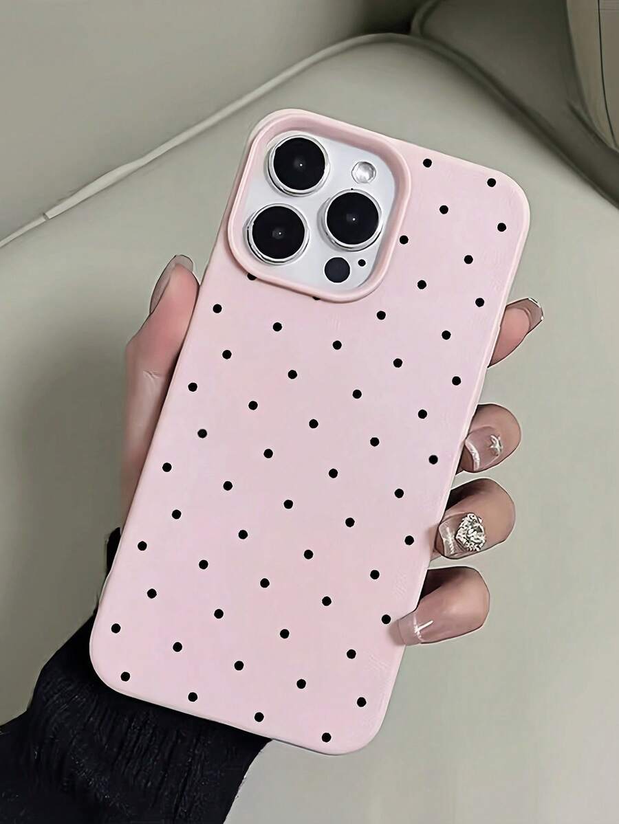 1pc Pink Matte Litchi Grain Black Polka Dot Pattern Full Coverage TPU Shockproof Phone Case Suitable Compatible With Apple 17 16 15 14 13 12 11 Pro Max/Plus/7/8/Air - Multicolor - View 1